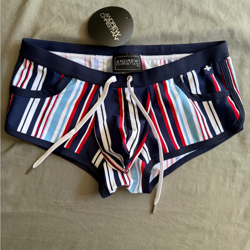 NWT- Andrew Christian Navy and Red Striped Swimwear